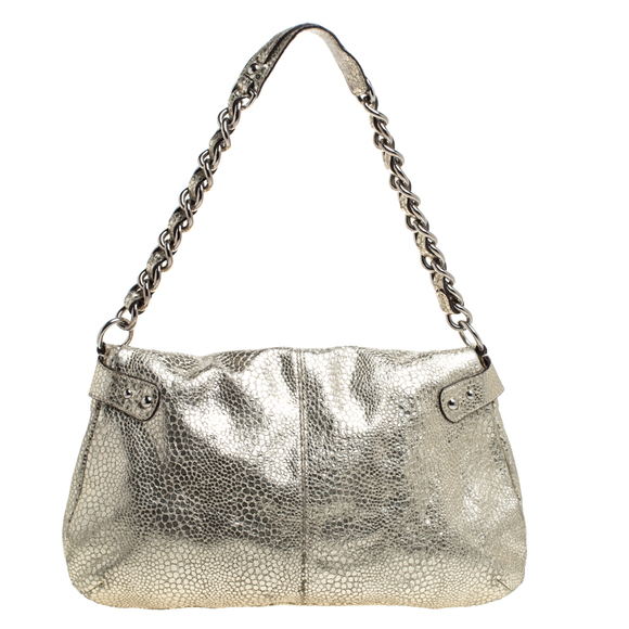 COACH Gold Textured Leather Frame Fold Over Hobo - Picture 4 of 9